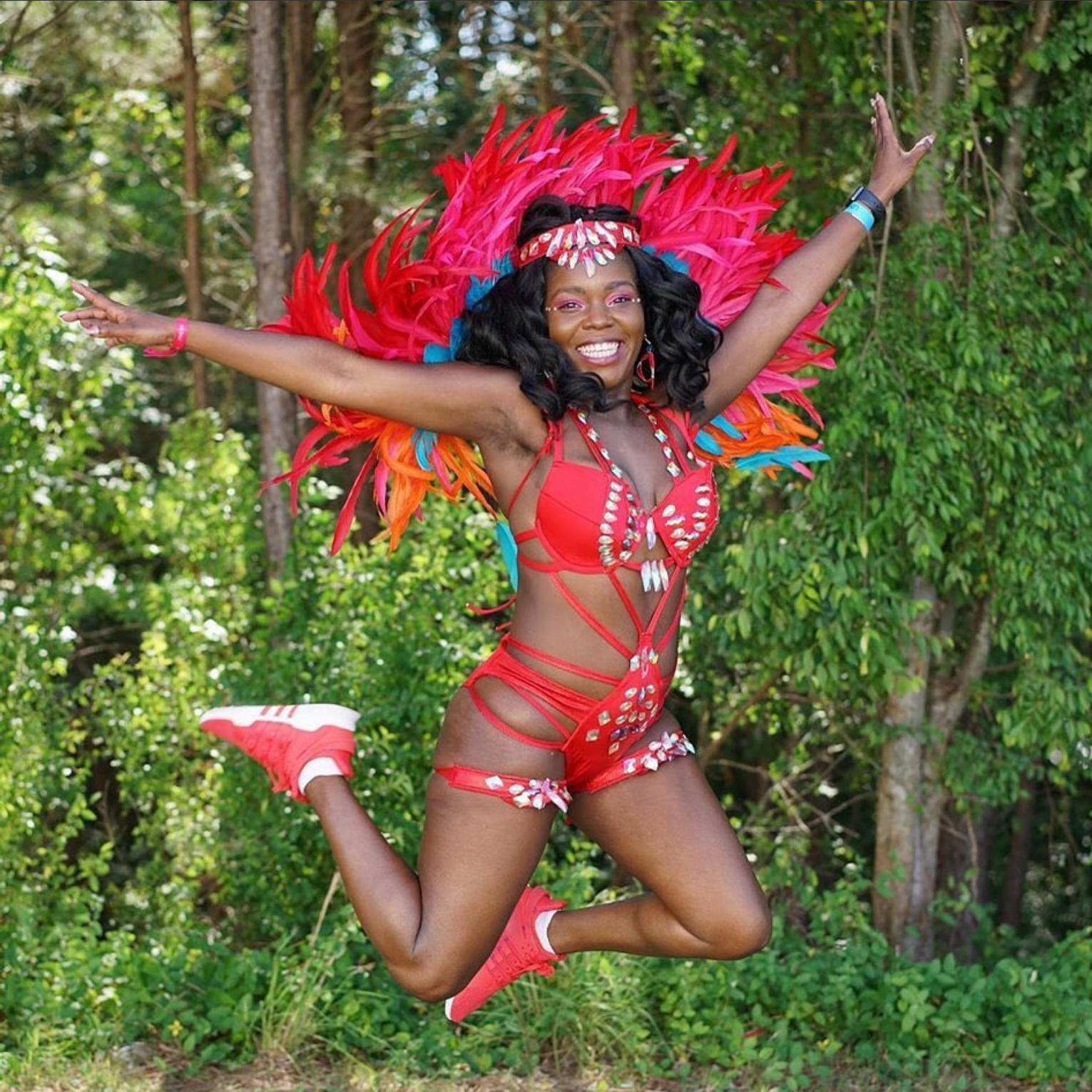 woman jumping in costume